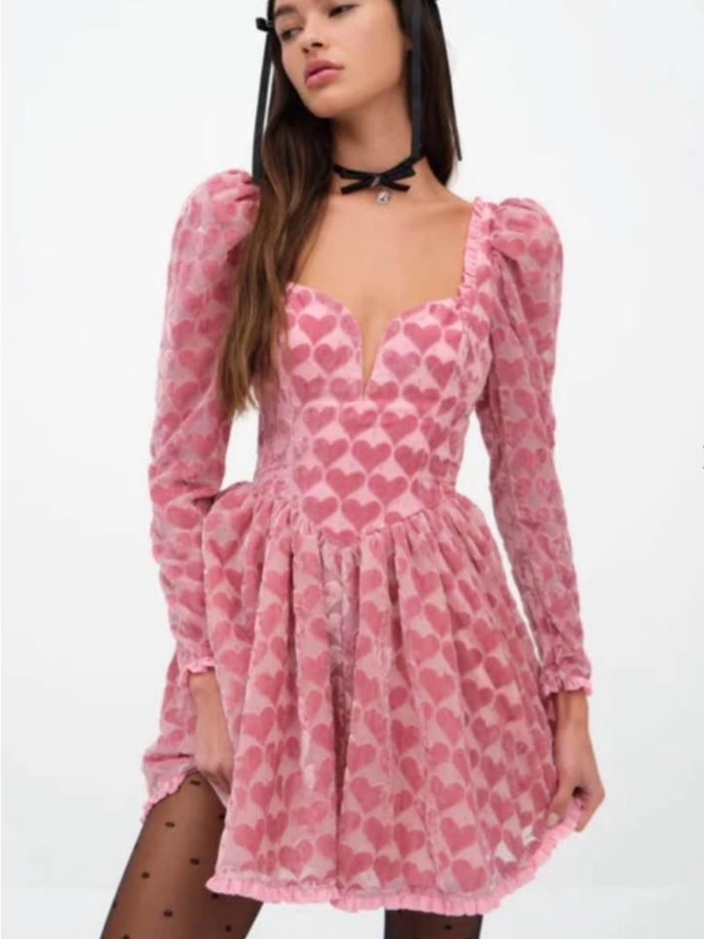 For Love & Lemons Pink Heart-Print Puff-Sleeve Mini Dress